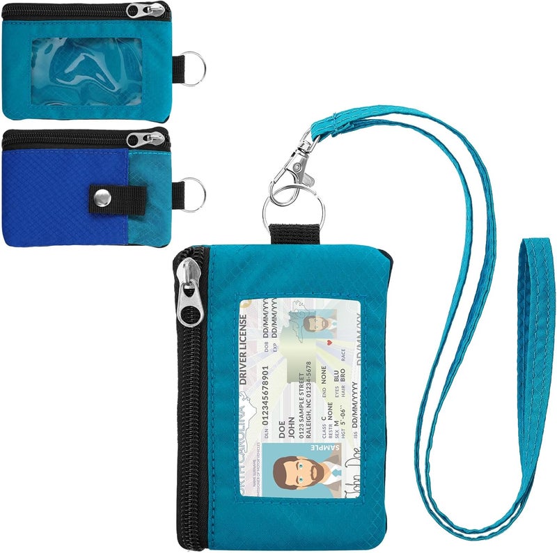 ZHOMA Minimalist Small Wallet for Men Women with 2 Zip Pockets, Multi Functional ID Case with Keychain and Card Holder, Coin Purse Badge Lanyard Pouch for Boys Girls Travel - Blue - Image 1
